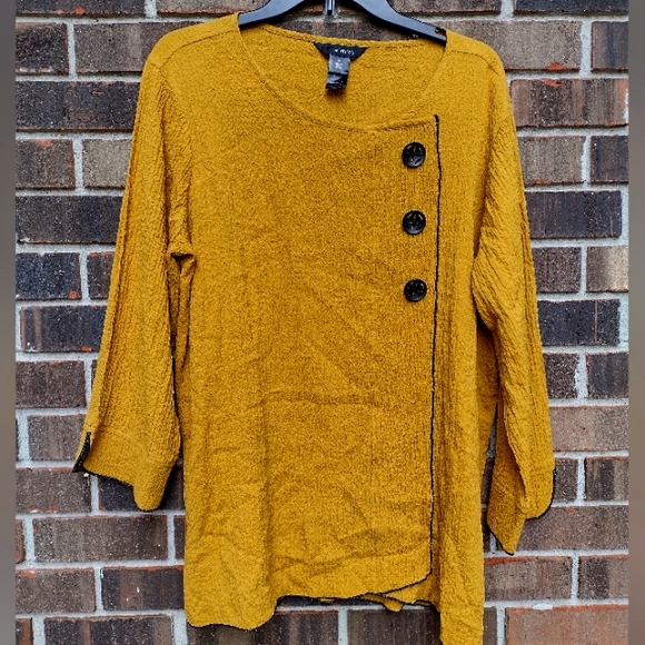 Ali Miles Asymmetrical Button Tunic Top Crinkle Mustard Yellow M - Picture 2 of 8